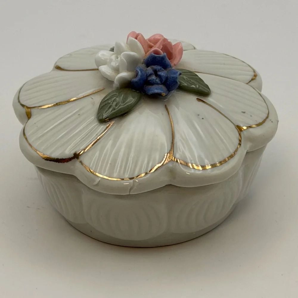 Vintage Porcelain Flower Trinket Box Gold Trim Floral Applied Rose Jewelry Dish